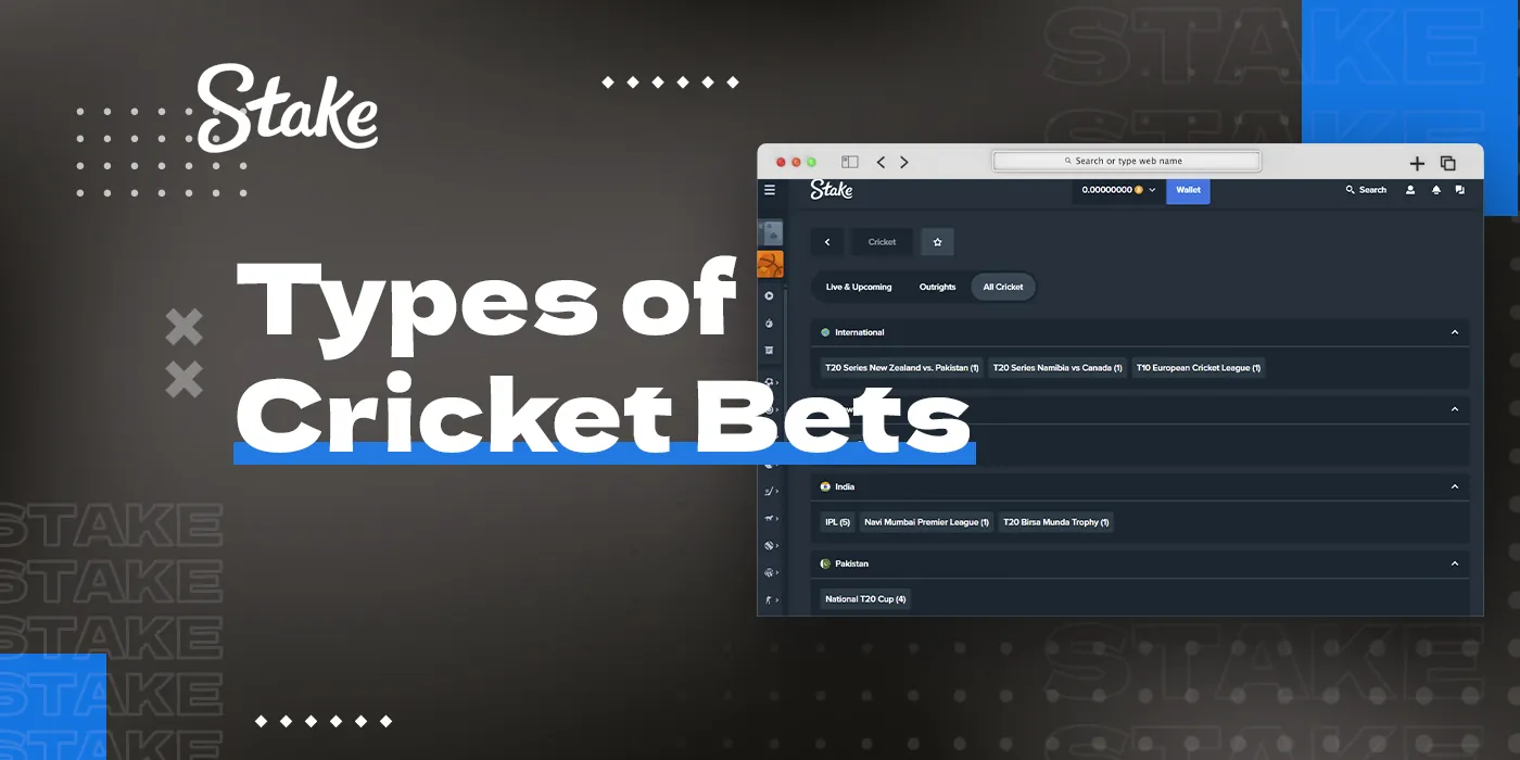 Types of cricket bets available on the online betting platform Stake 